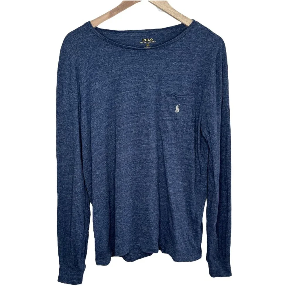 Polo Ralph Lauren Mens Heather Blue Long Sleeve Pocket Cotton T-Shirt Medium